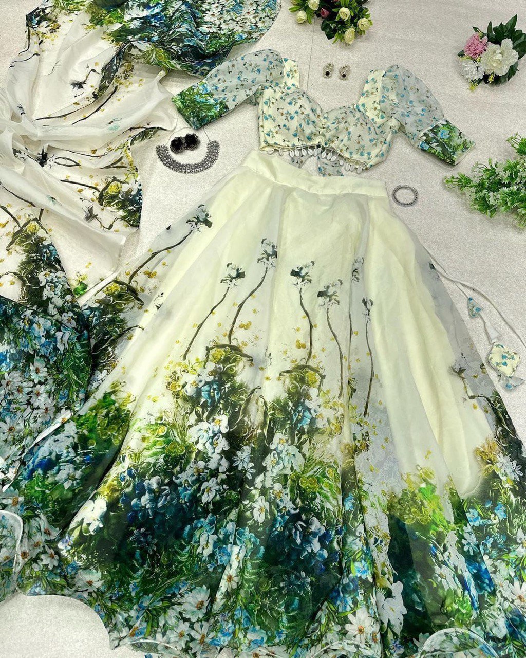 Designer Floral Print Light Green Color Organza Silk Lehenga Choli