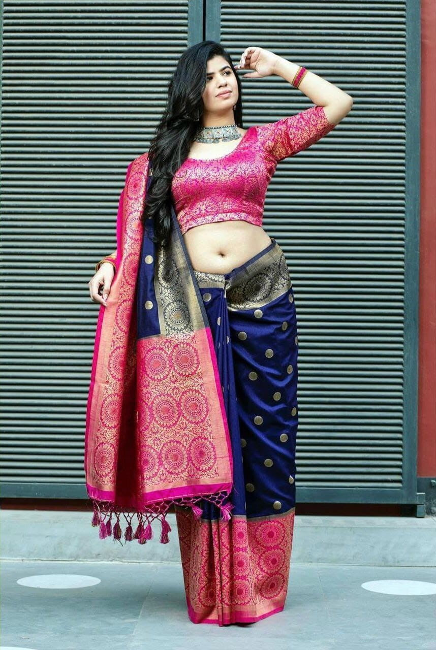 Stylish Navy Blue With Pink Color Golden Jari Design Silk Saree