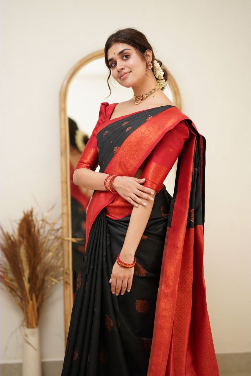 Designer Black Color Coper Jari Design Soft Silk Saree