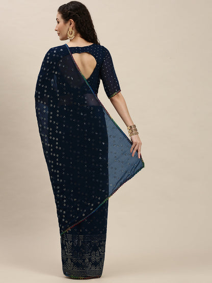 Blue Color Silver-Toned Embroidered Saree