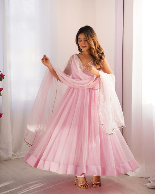 Wonderful Pink Color Hotfix Work Anarkali Gown