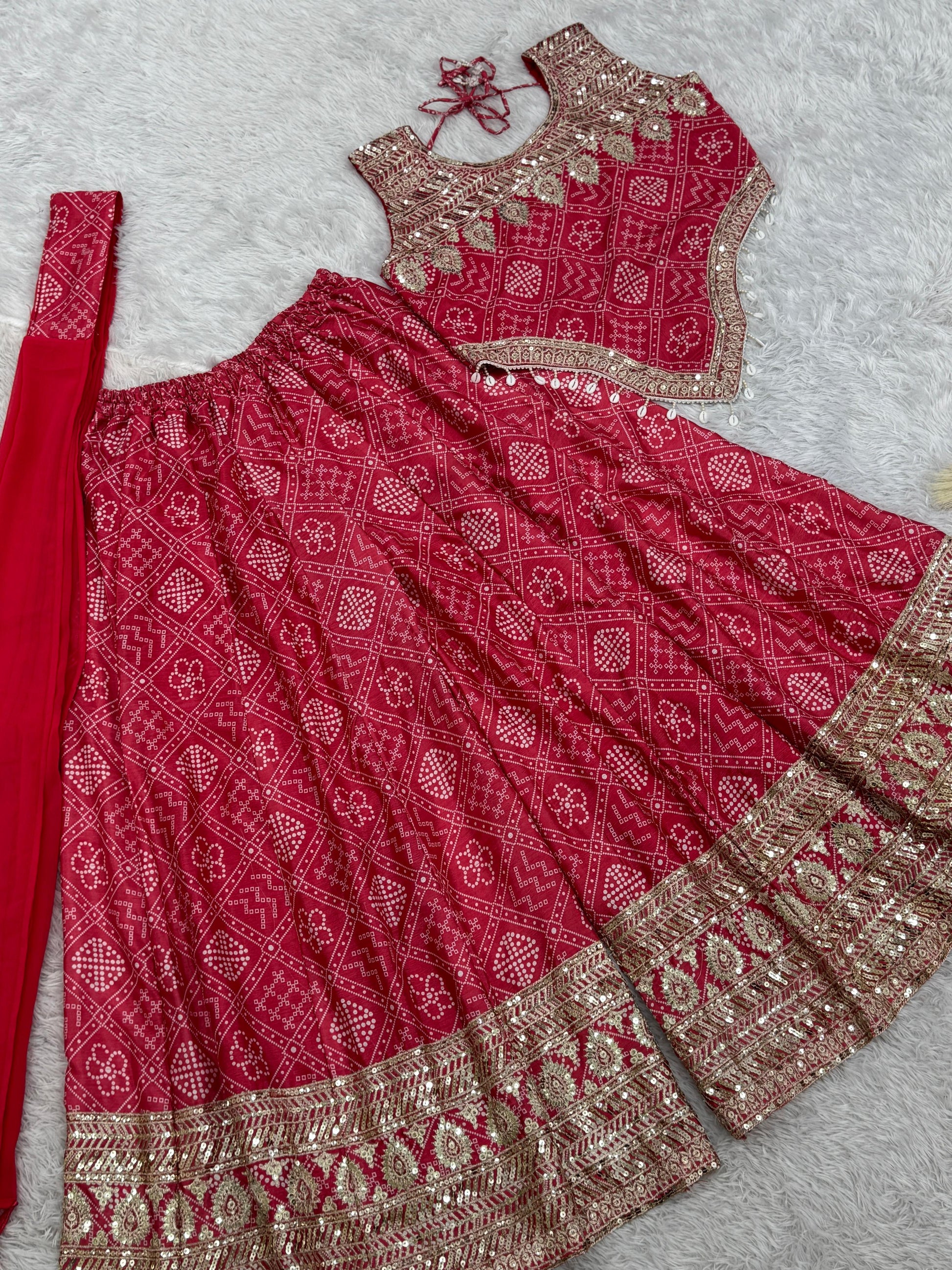 Function Wear Chinon Silk Red Color Sharara Suit