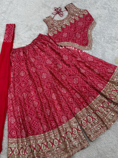 Function Wear Chinon Silk Red Color Sharara Suit