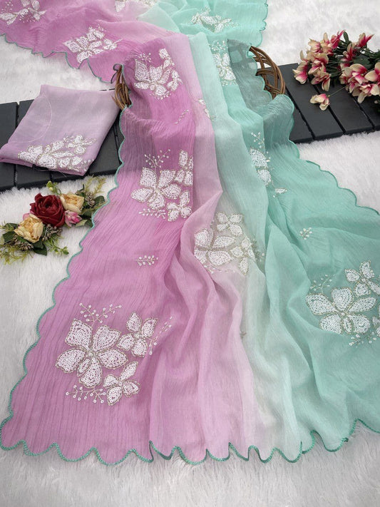 Awesome Embroidery Work Lavender & Sky Multi Color Saree