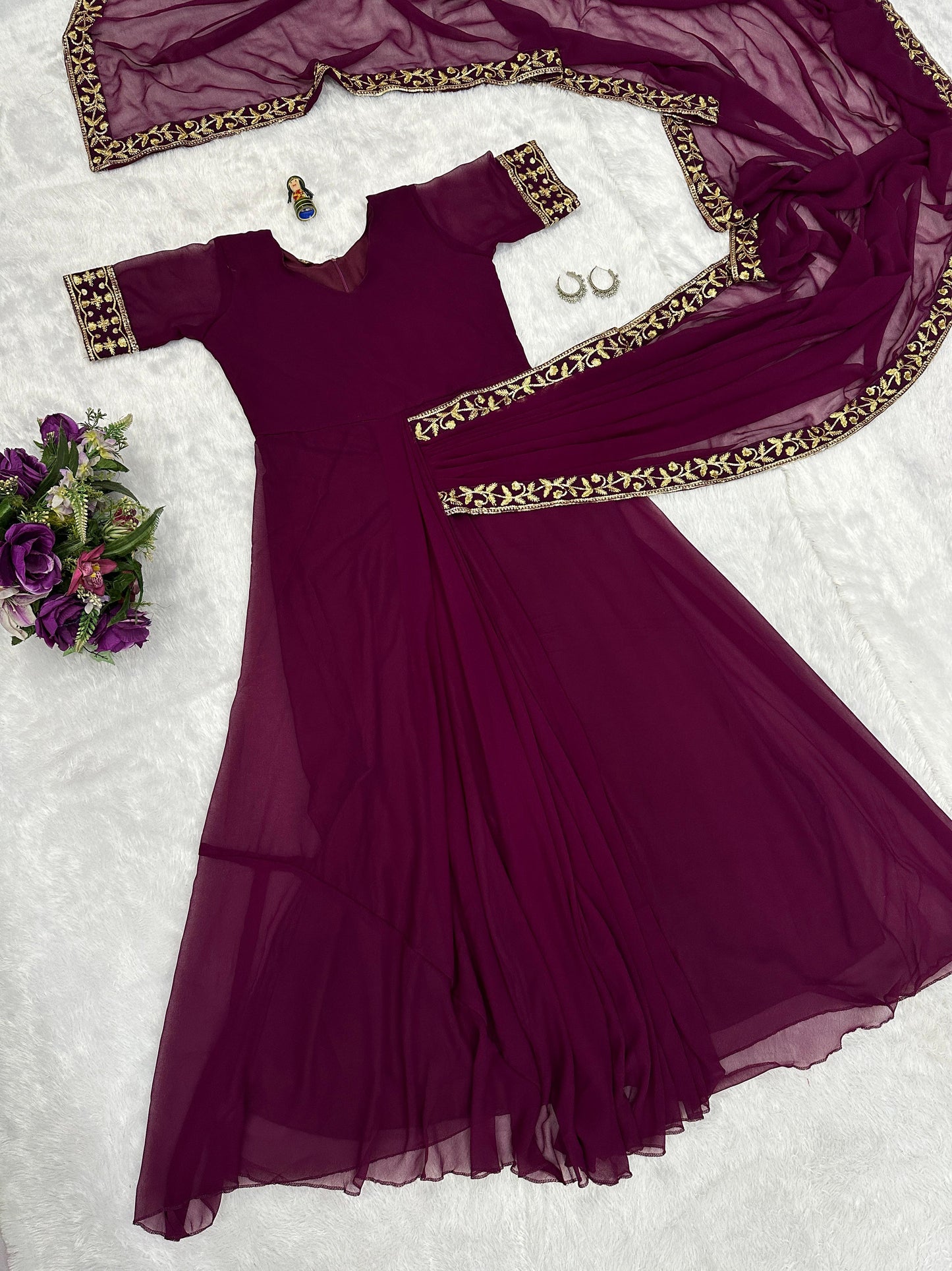 Good Looking Embroidery Work Wine Color Saree Gown
