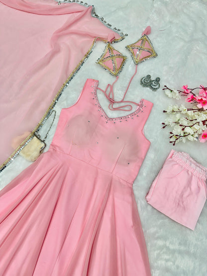Wonderful Pink Color Hotfix Work Anarkali Gown