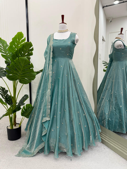 Stylish Thread Work Sky Blue Color Anarkali  Gown
