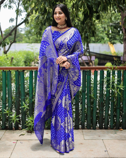 Trendy Zari Weaving Border Blue Color Pure Bandhani Saree