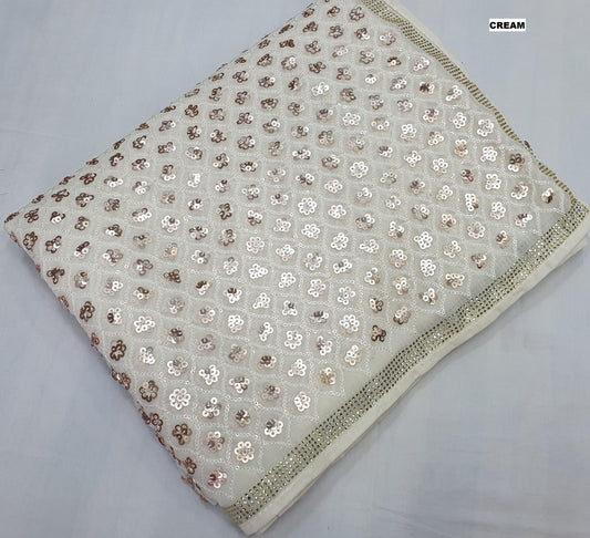 Ravishing Georgette Sequins Work White Color Saree