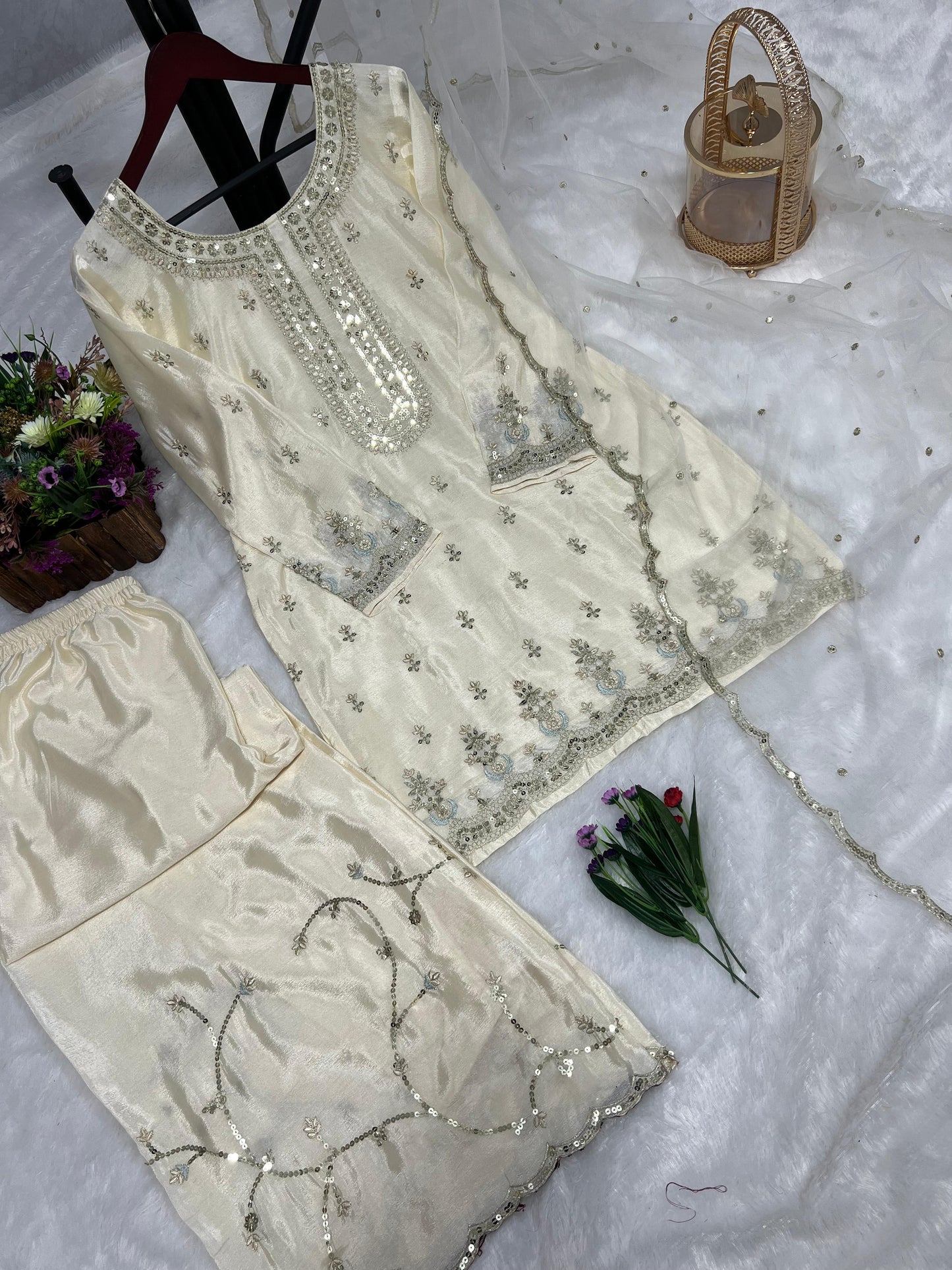 Opulent Sequence Work Cream Color Sharara Suit