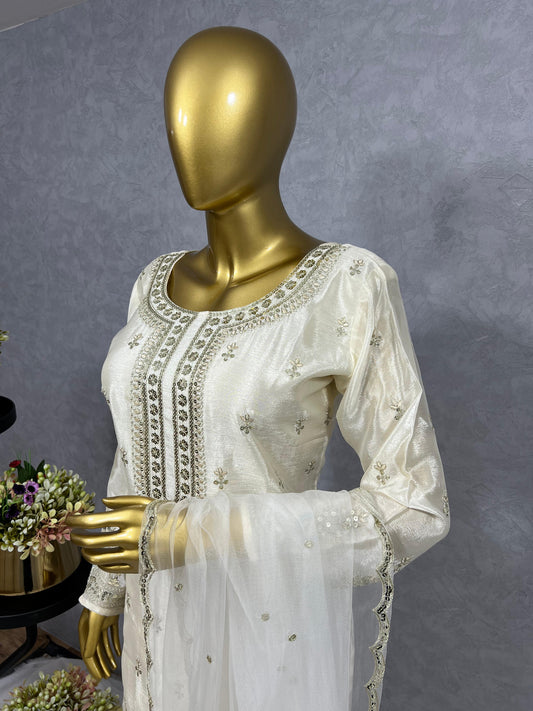 Opulent Sequence Work Cream Color Sharara Suit