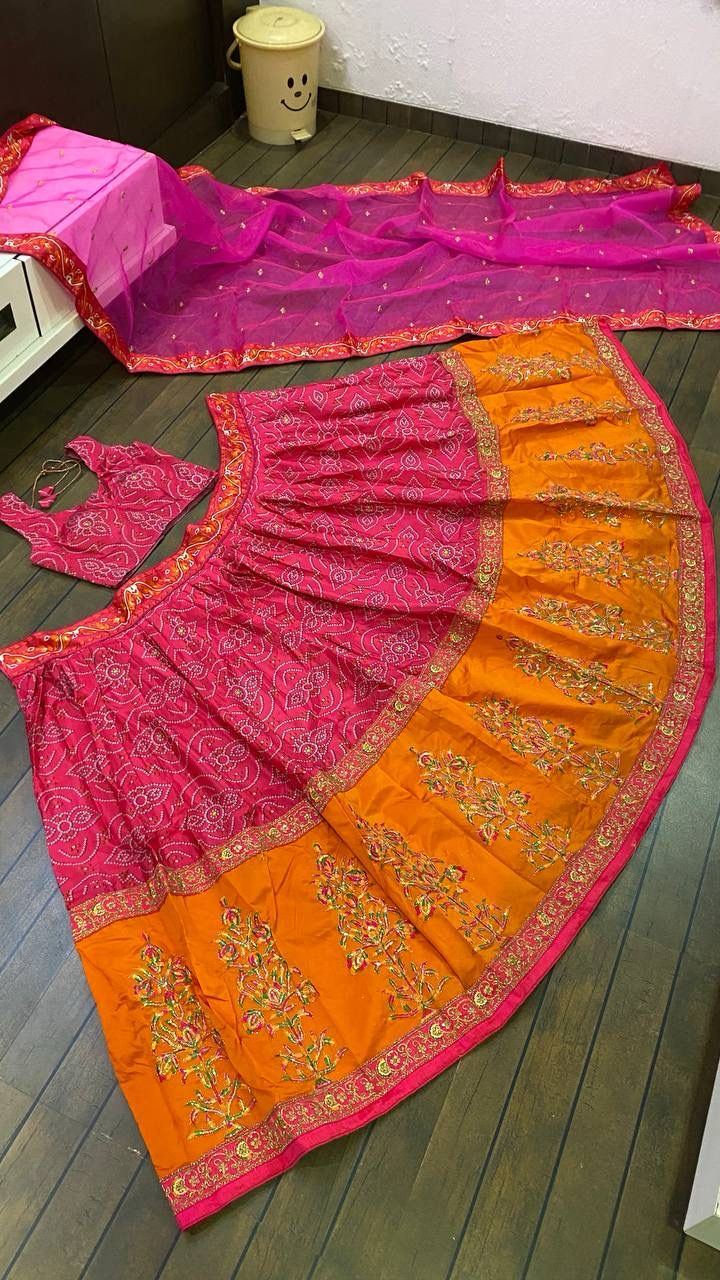 Wonderful Tapeta Silk Pink & Orange Color Lehenga Choli