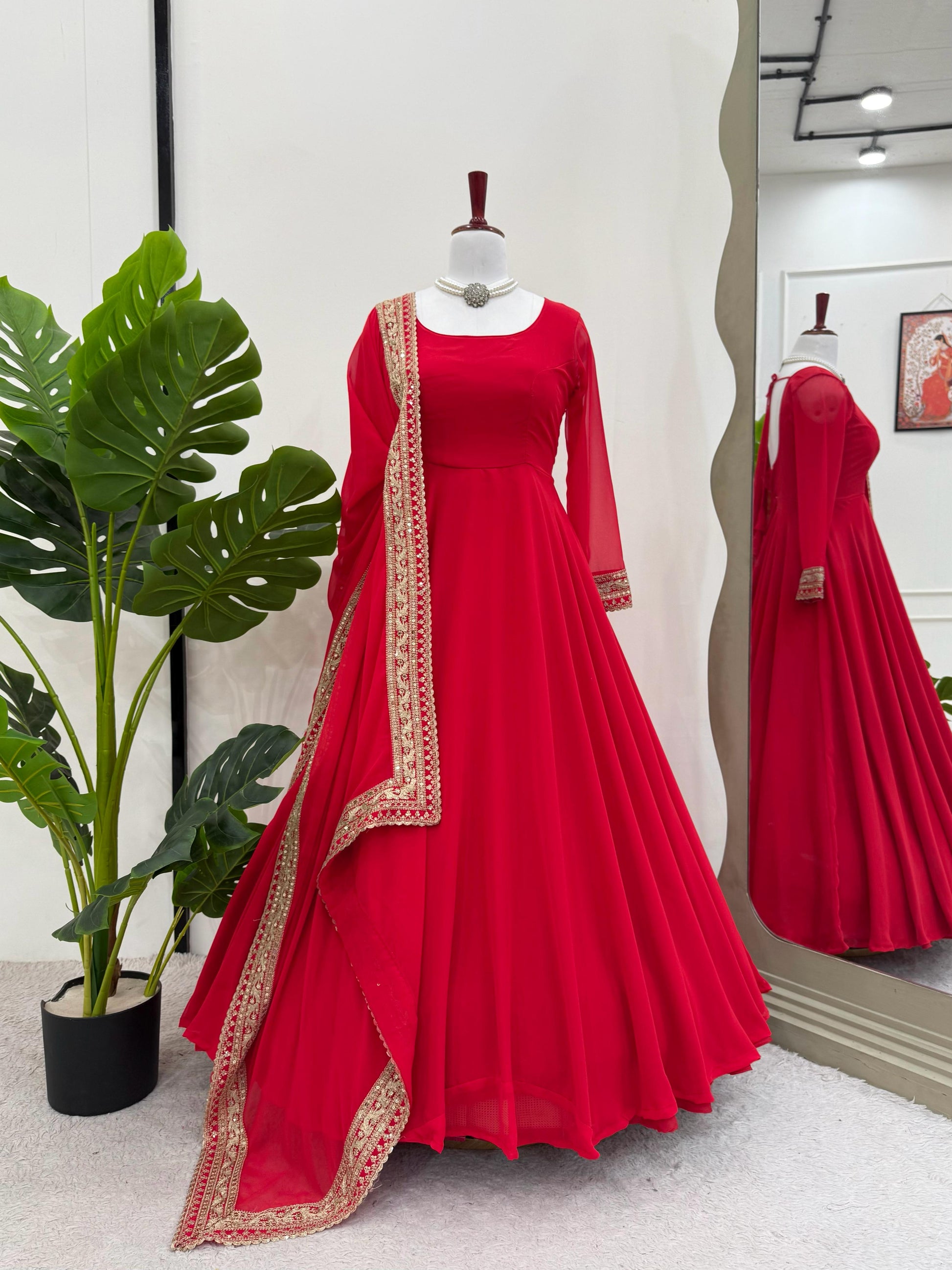 Attractive Georgette Red Color Anarkali Gown