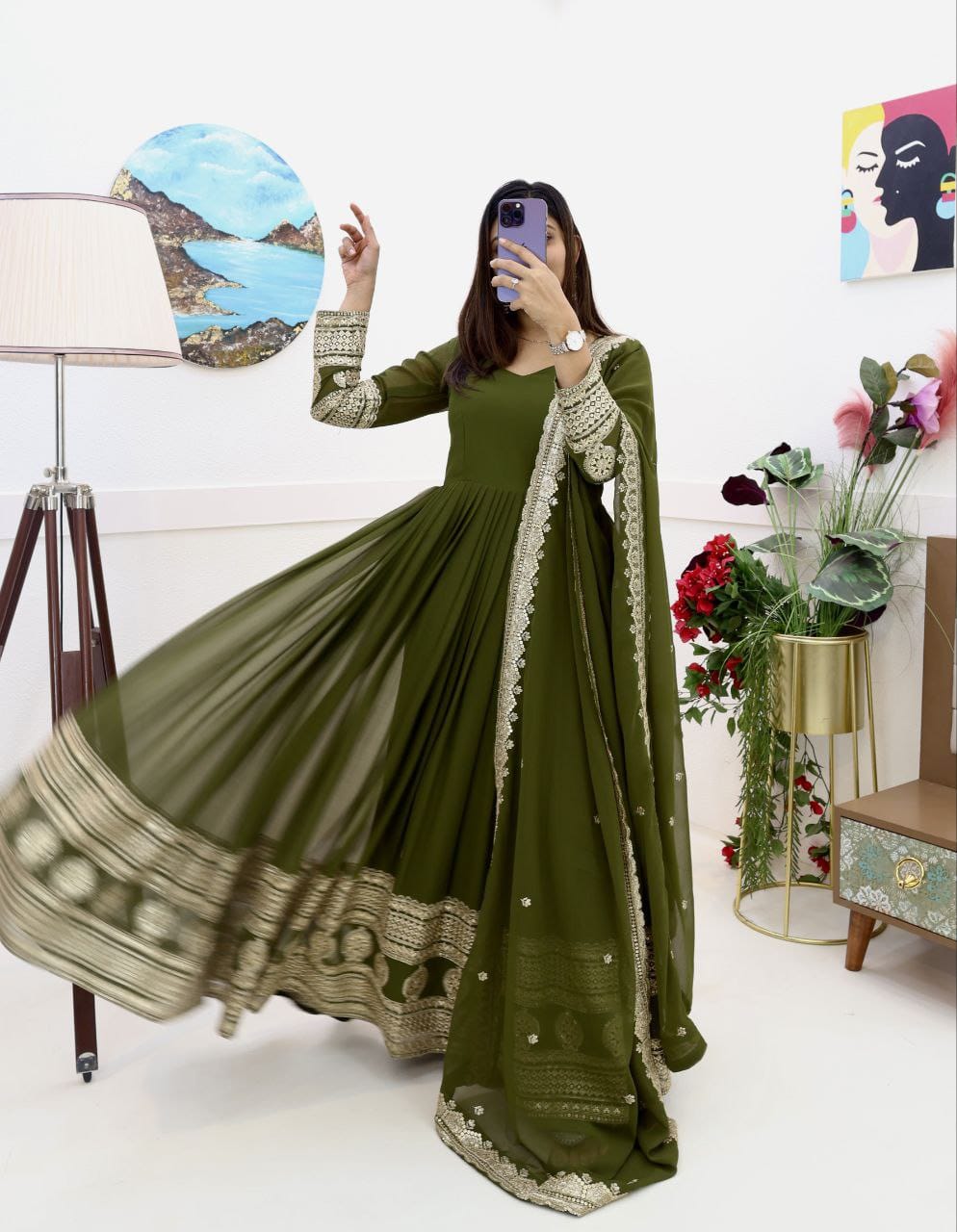 Wonderful Georgette Embroidery Work Mehndi Color Gown