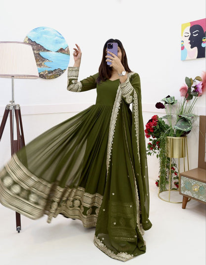 Wonderful Georgette Embroidery Work Mehndi Color Gown