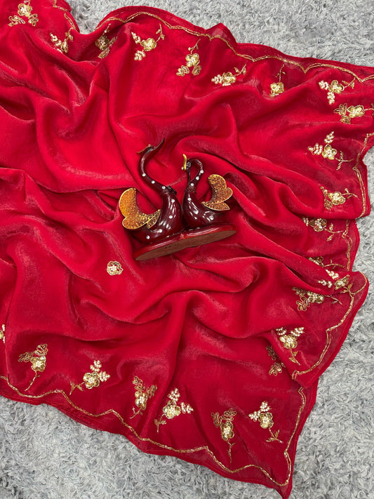 Stunning Sequins Handwork Red Color Saree