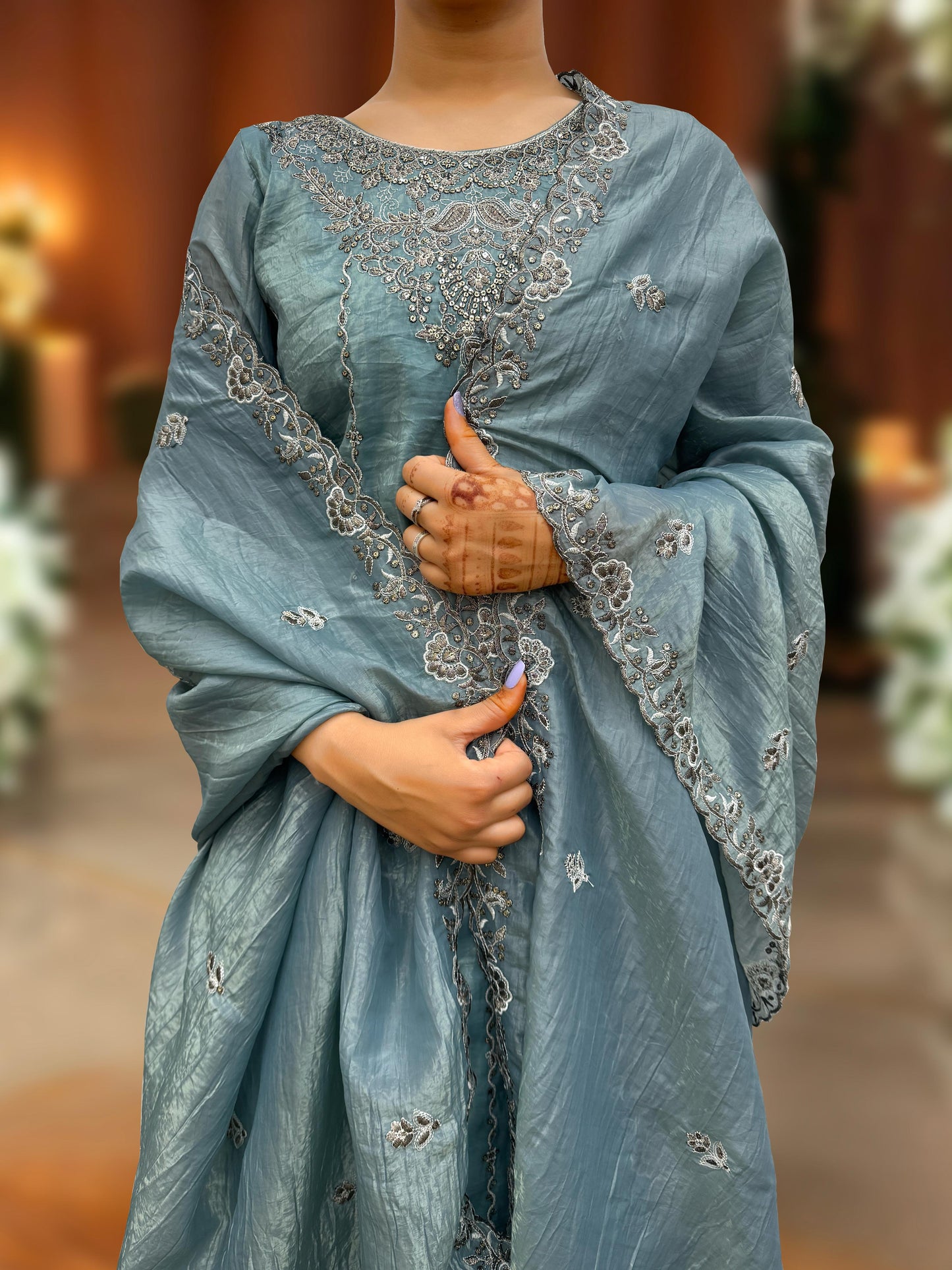 Designer Crush Silk Teal Blue Color Palazzo Suit