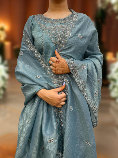 Designer Crush Silk Teal Blue Color Palazzo Suit