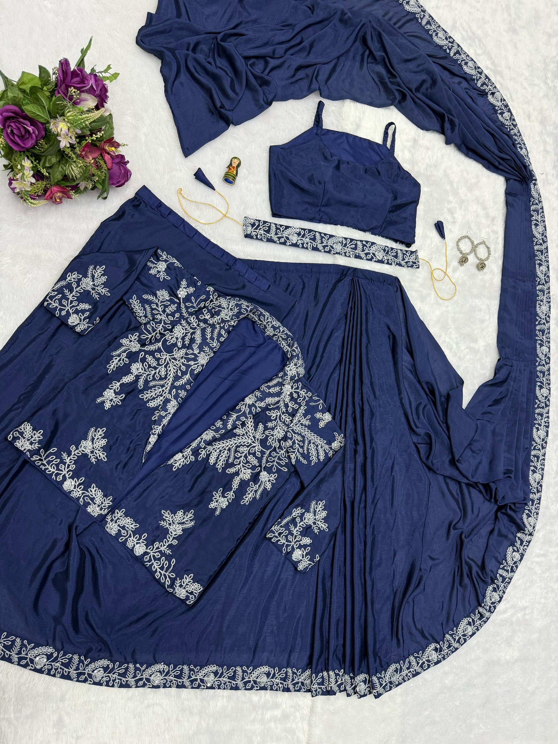 Designer Navy Blue Color Embroidery Work Saree With Koti