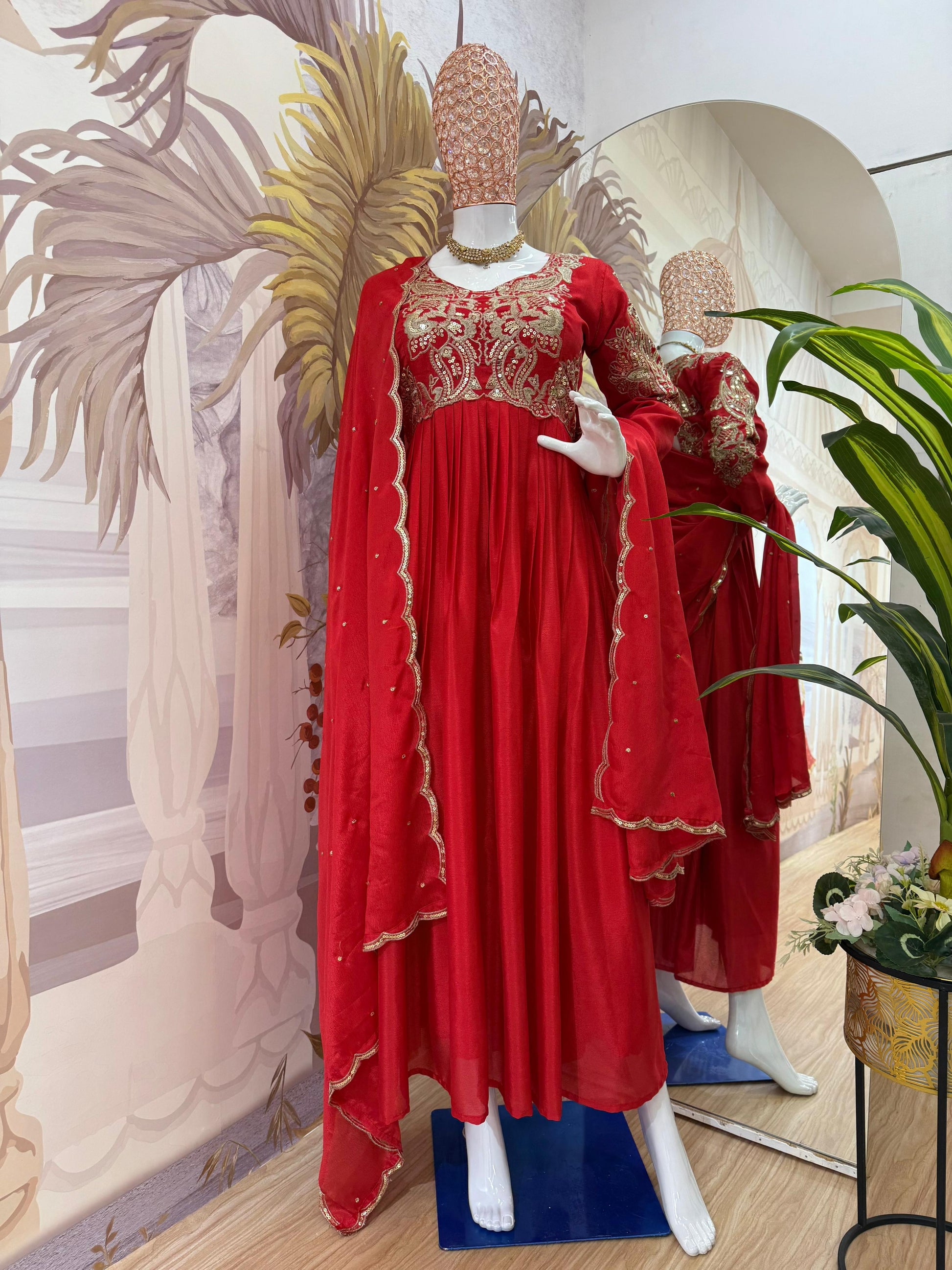 Fantastic Embroidery Work Red Color Gown