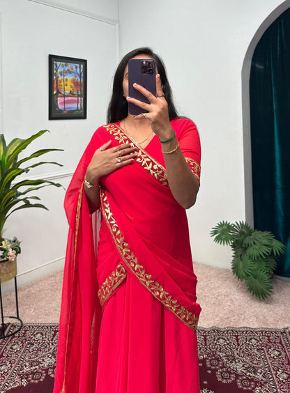 Good Looking Embroidery Work Red Color Saree Gown
