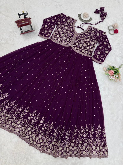 Embellished Gorgette Sequnce Work Wine Color Gown