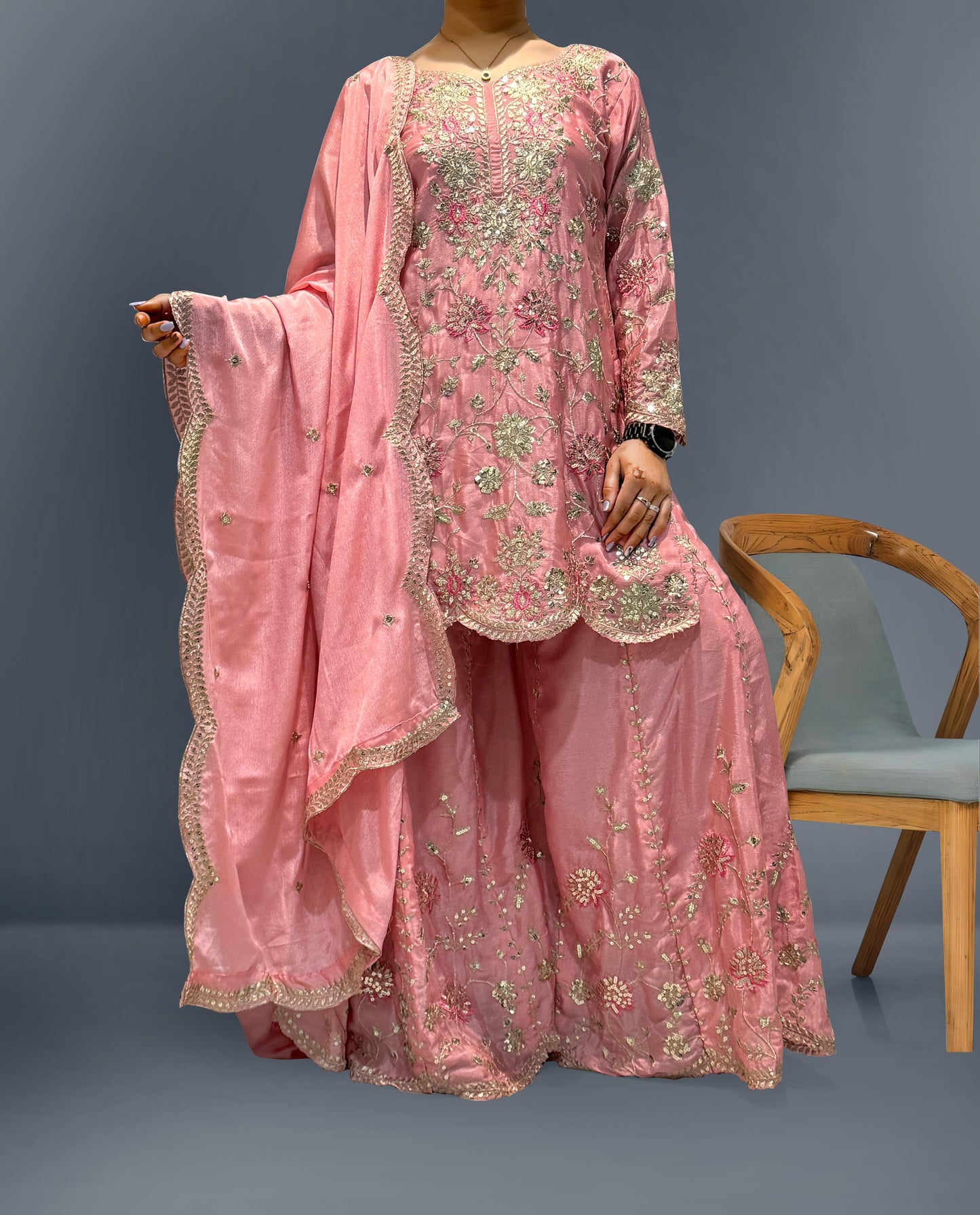 Outstanding Sequence And Thread Work Pink Color Sharara Suit