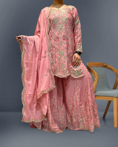 Outstanding Sequence And Thread Work Pink Color Sharara Suit
