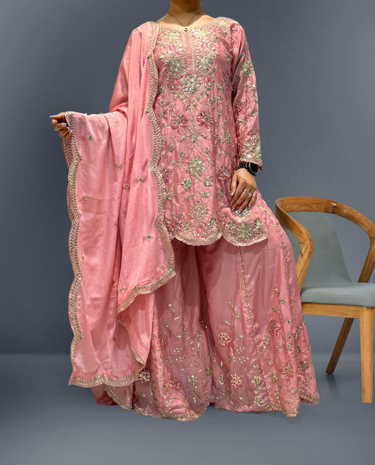 Outstanding Sequence And Thread Work Pink Color Sharara Suit