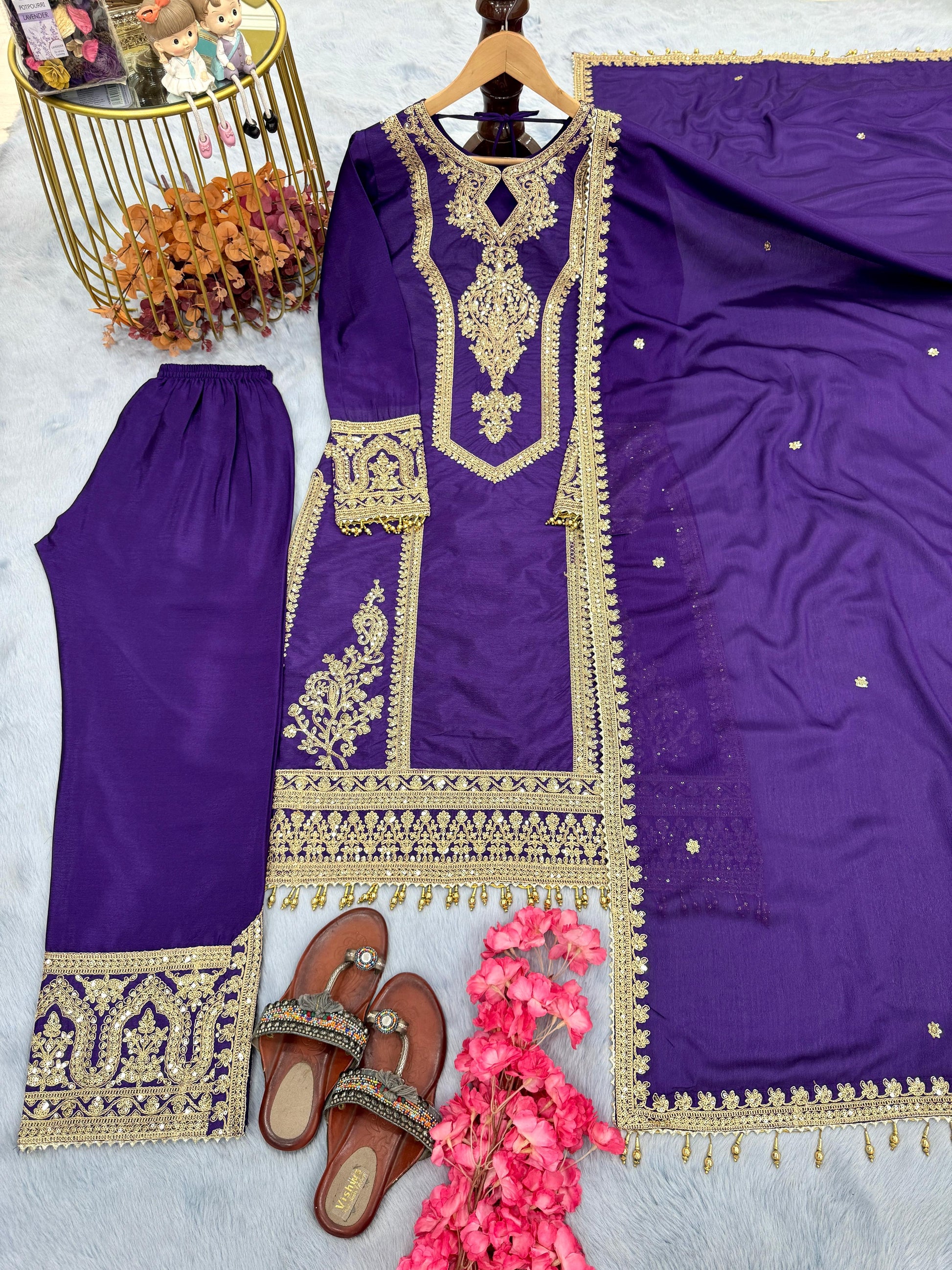 Imposing Chinon Silk Purple Color Top With Plazzo