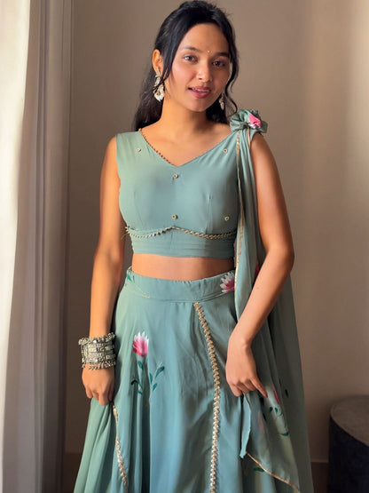 Awesome Georgette Sky Blue Color Top With Lehenga