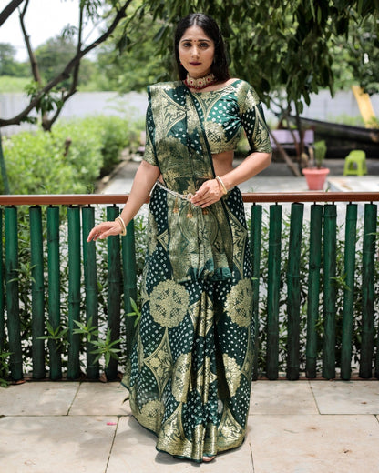 Trendy Zari Weaving Border Green Color Pure Bandhani Saree