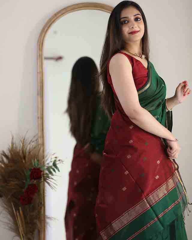 Linen Cotton Silk Green With Maroon Border Saree