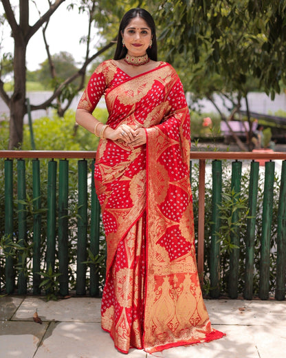 Trendy Zari Weaving Border Red Color Pure Bandhani Saree