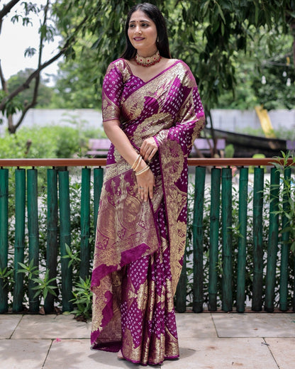 Trendy Zari Weaving Border Wine Color Pure Bandhani Saree