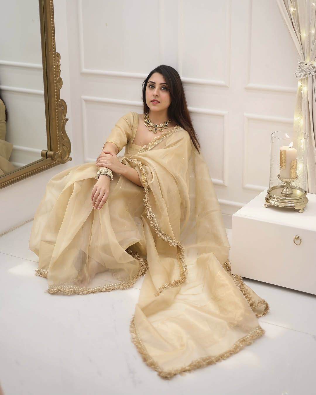 Pretty Goldy Crazy Cream Color Saree