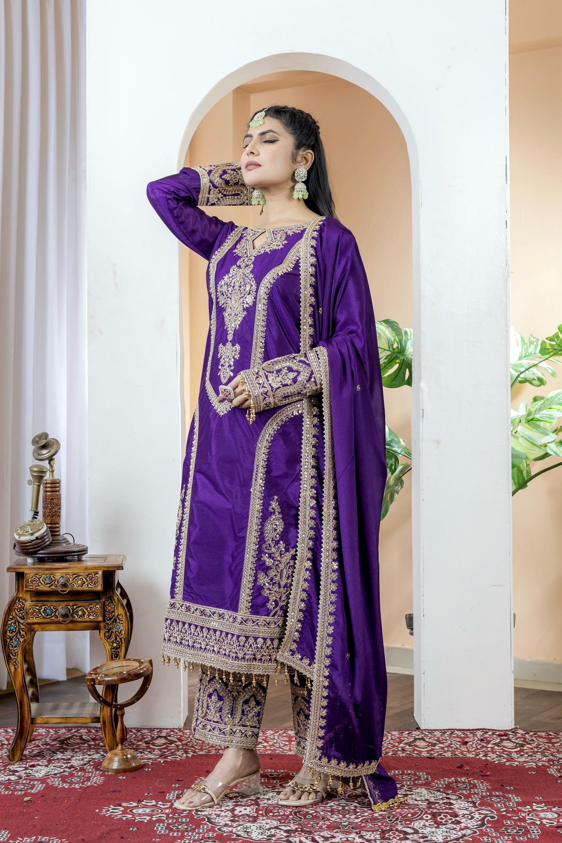 Imposing Chinon Silk Purple Color Top With Plazzo