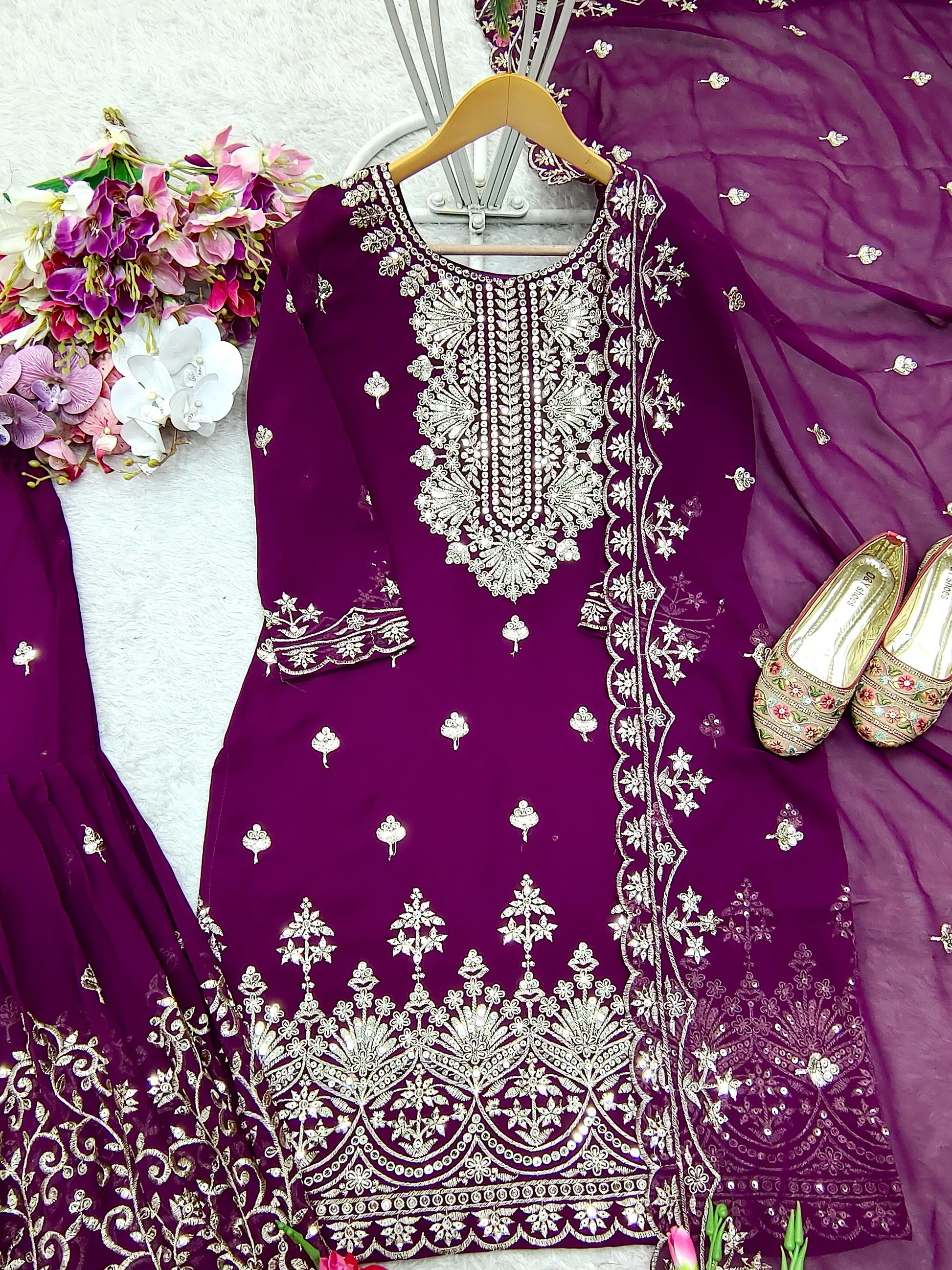 Fabulous Georgette Wine Color Sharara Suit