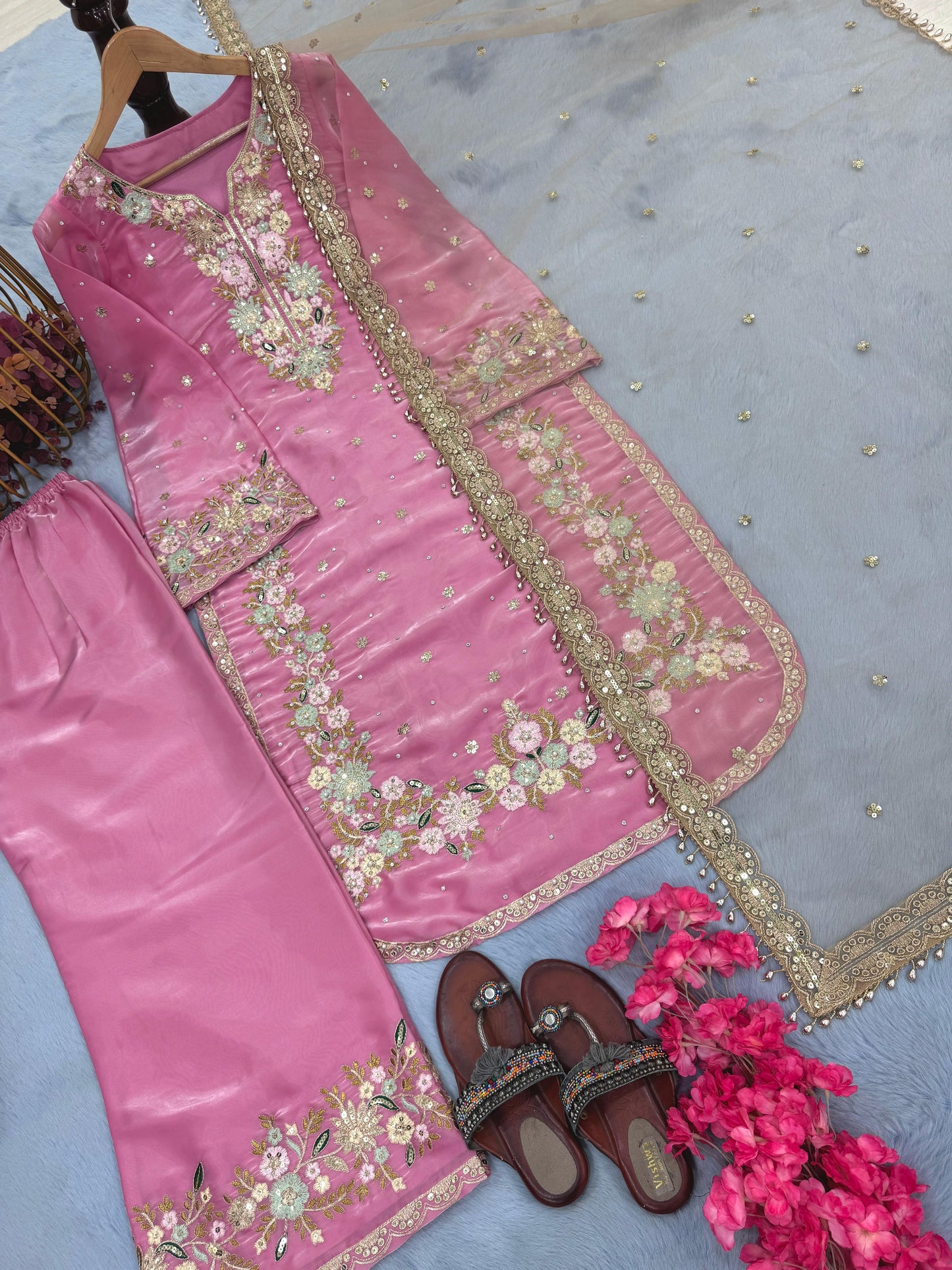 Elegant Jimmy Choo Sequence Work Pink Color Palazzo Suit