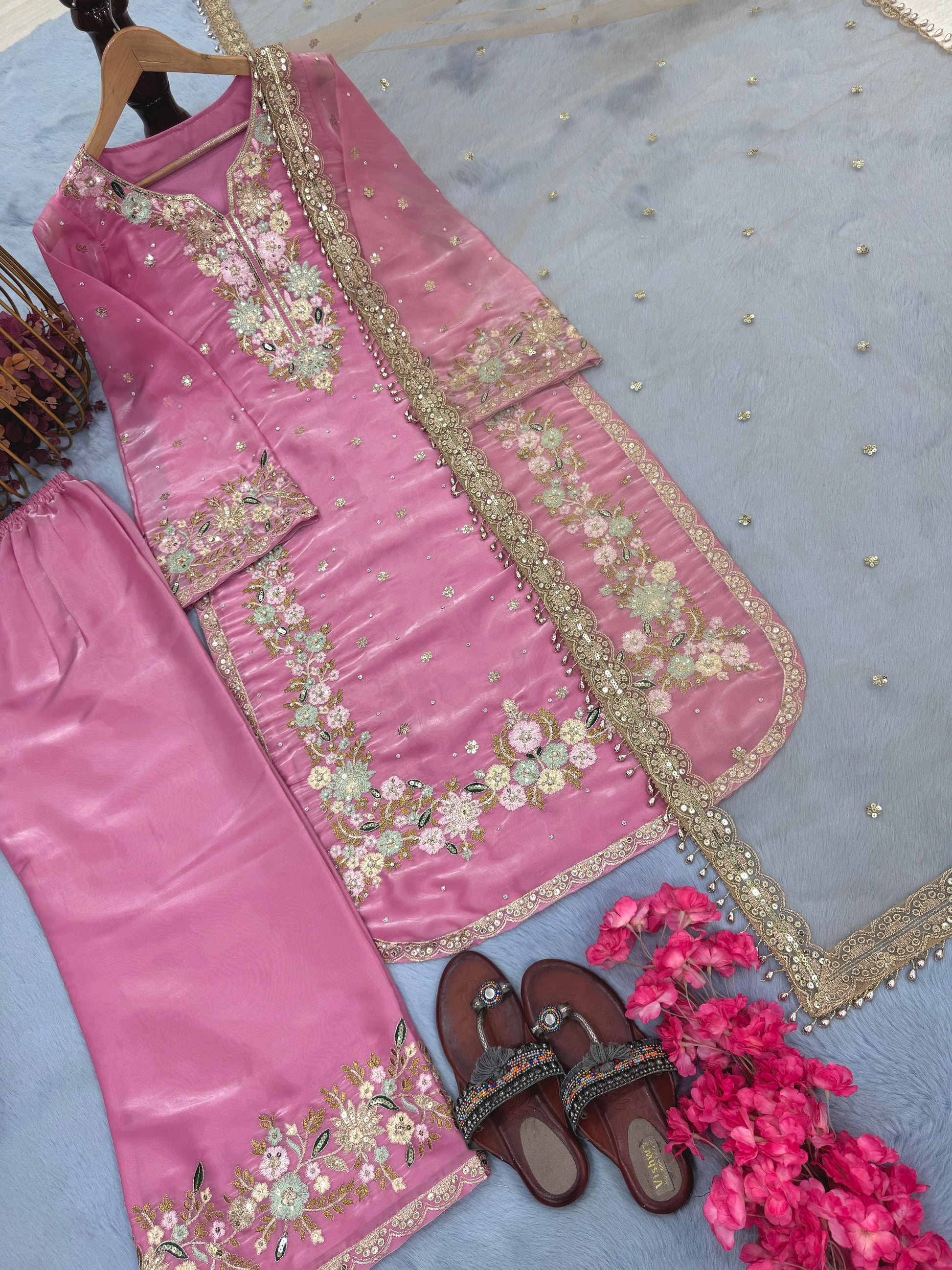 Elegant Jimmy Choo Sequence Work Pink Color Palazzo Suit