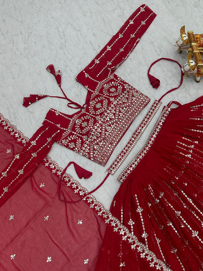 Designer Georgette Sequence Work Red Color Lehenga Choli