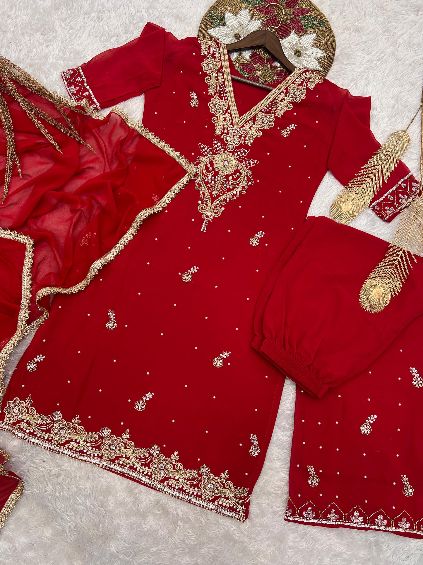 Ravishing Red Georgette Embroidery Palazzo Suit