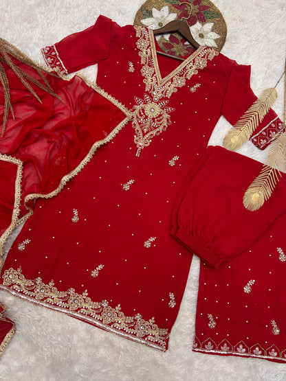 Ravishing Red Georgette Embroidery Palazzo Suit