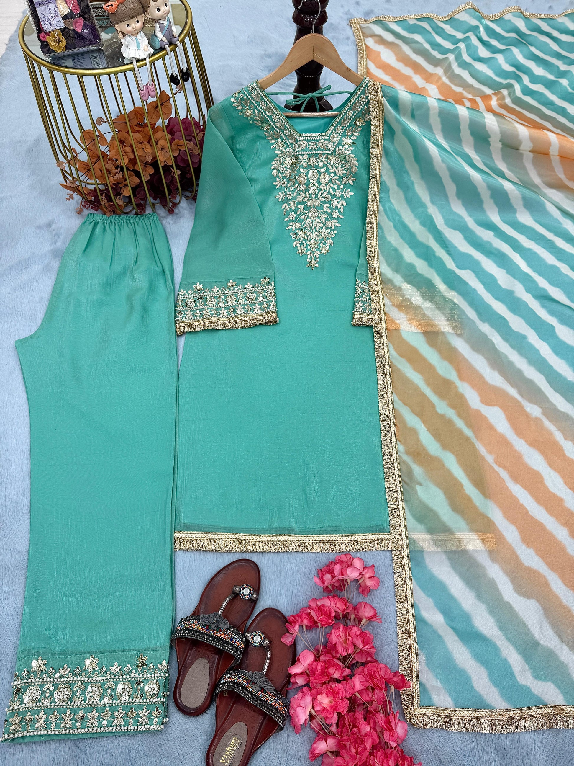 Precious Embroidery Work Teal Blue Color Salwar Suit