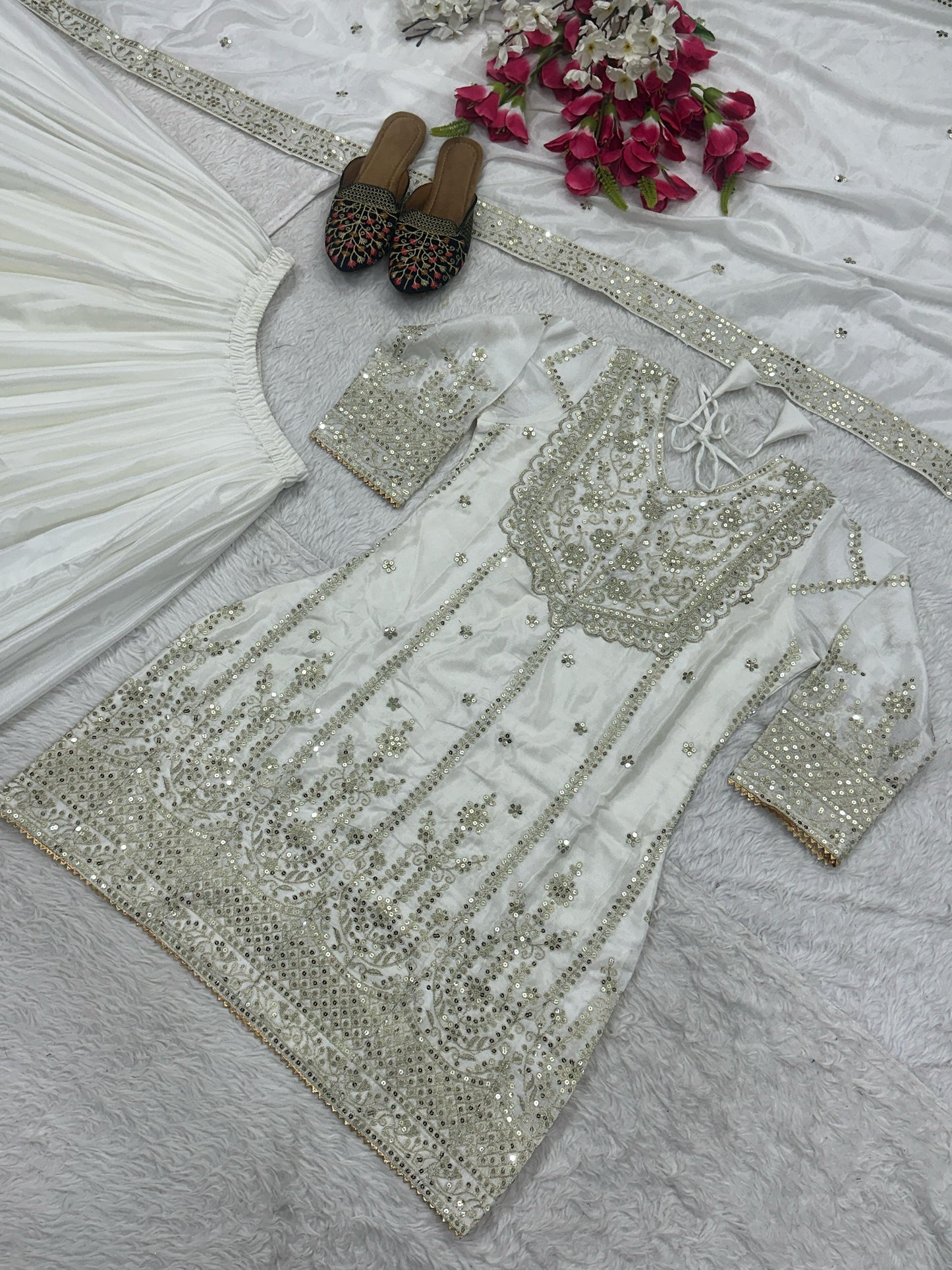 Flattering White Color Heavy Work Sharara Suit