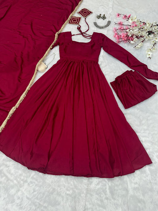 Peaceful Maroon Color Chinnon Silk Anarkali Gown