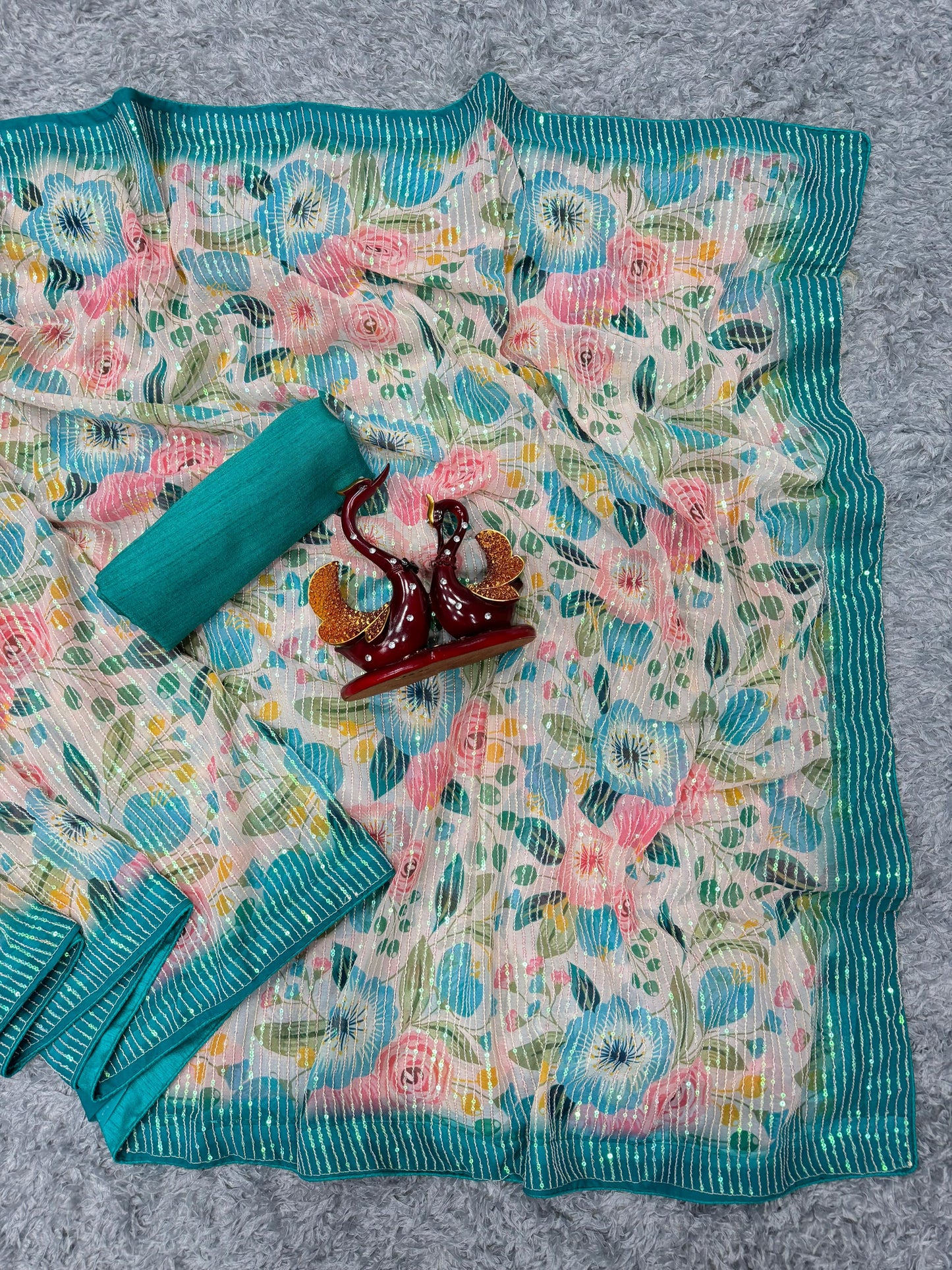 Ravishing Sequence Embroidery Work Multi Color Floral Print Designer Saree