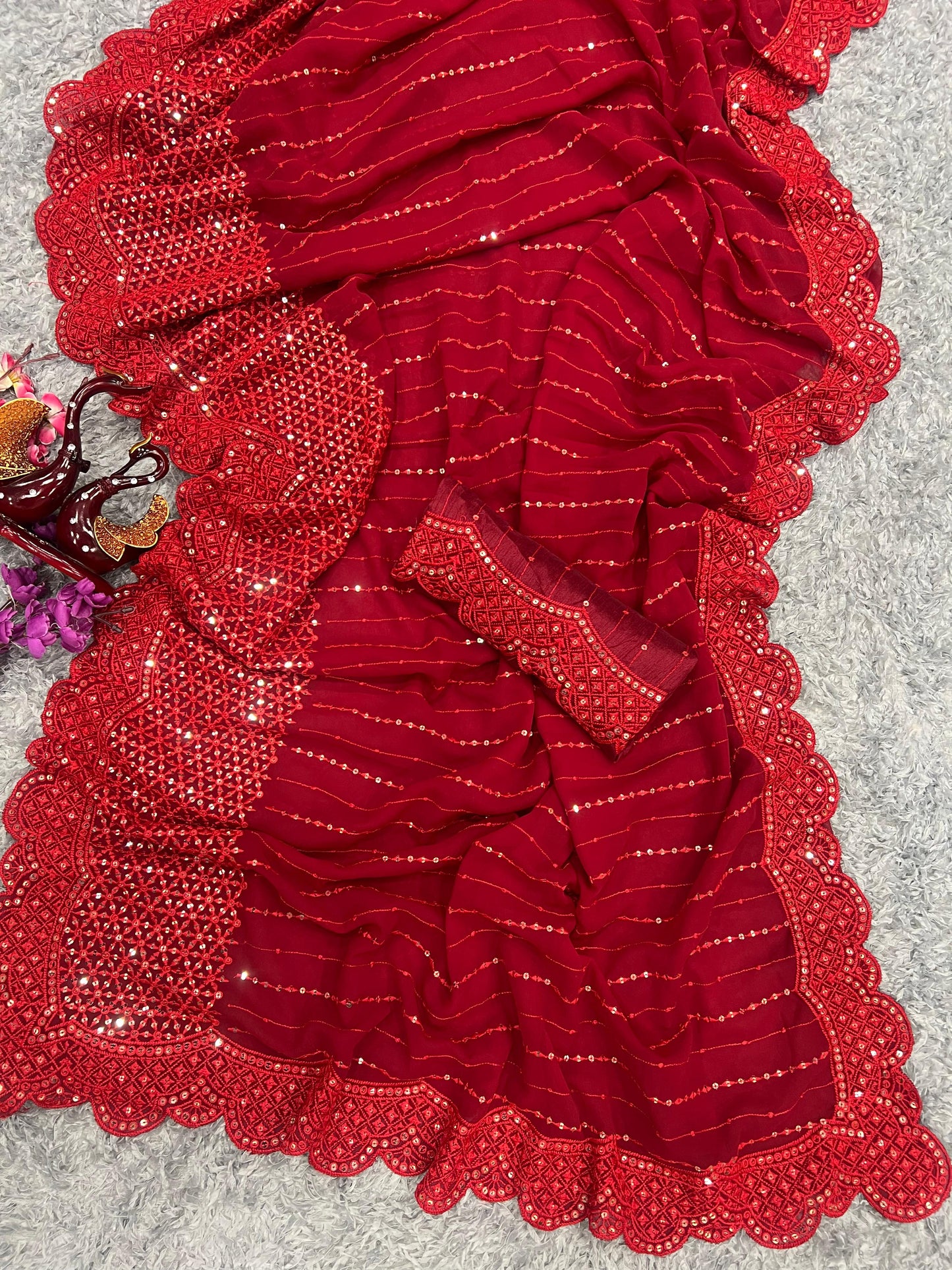 Pattern Wedding & Party Wear  Embroidery Work Red Color Saree