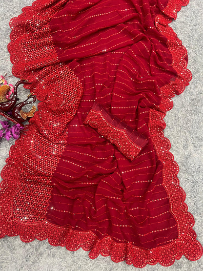 Pattern Wedding & Party Wear  Embroidery Work Red Color Saree