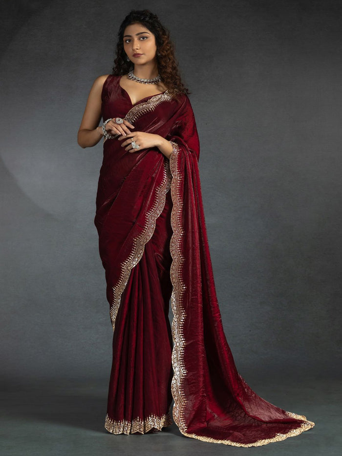 Luxury Satin Saree with Heavy Zari Embroidered Border & Blouse Piece | Party Wear Designer Saree